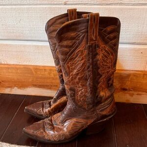 JB Dillon western cowboy boots pointed toe stacked heel brown leather inlay